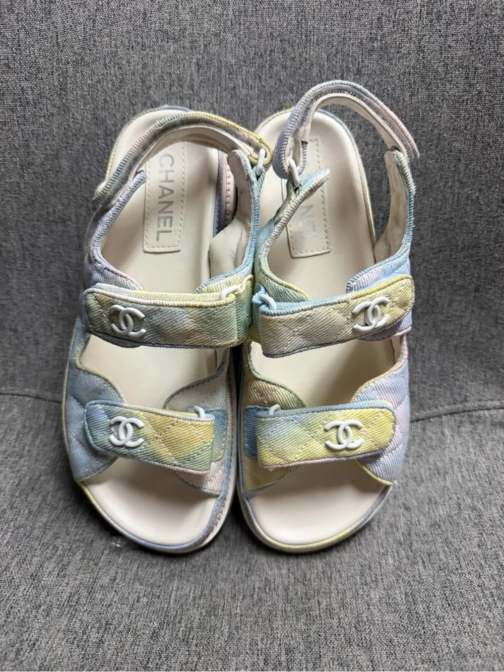 CHANEL Pastel Multicolor Quilted Velcro Sandals